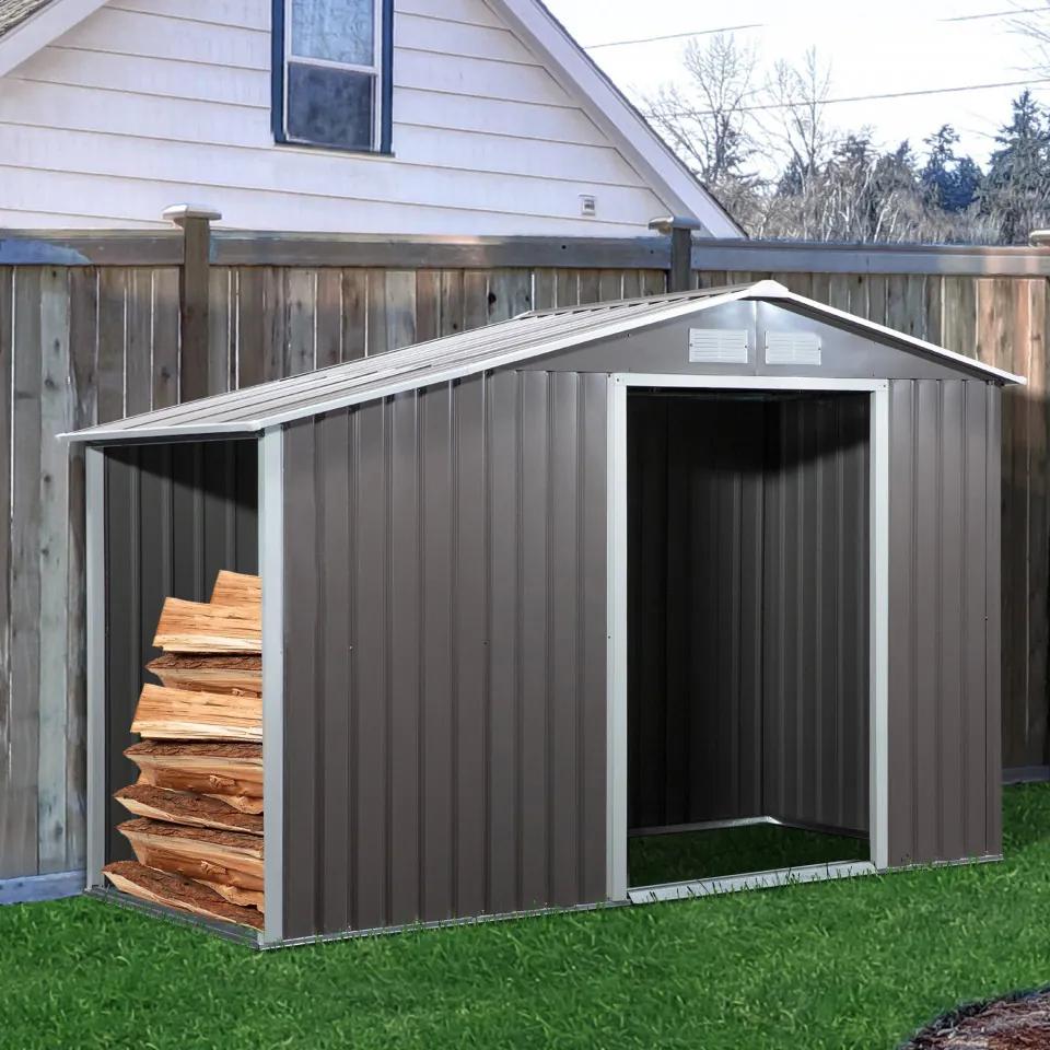 Outsunny Abrigo para lenha de aço galvanizado para armazenamento de ferramentas de jardim com telhado inclinado 127x71x143 / 159 cm cinza