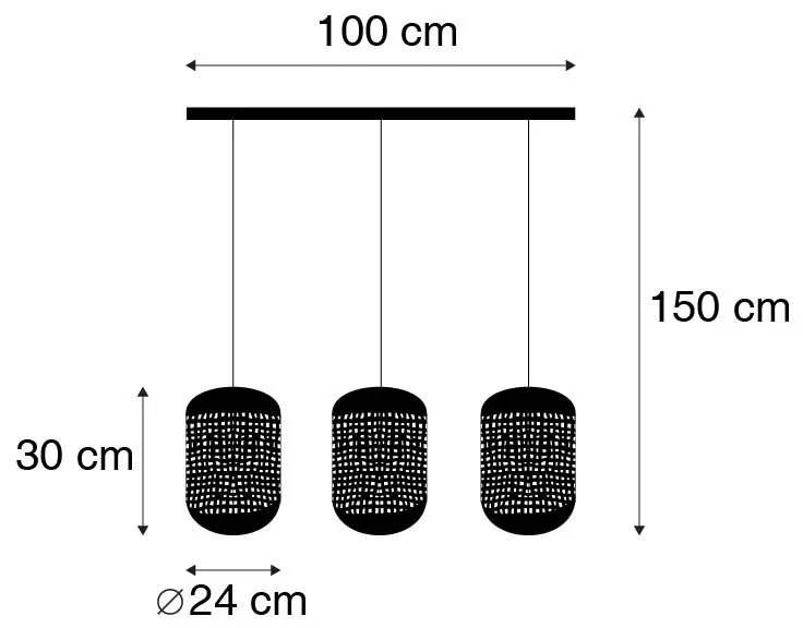 Candeeiro de suspensão vintage preto com latão oblongo 3-luzes - Kayleigh