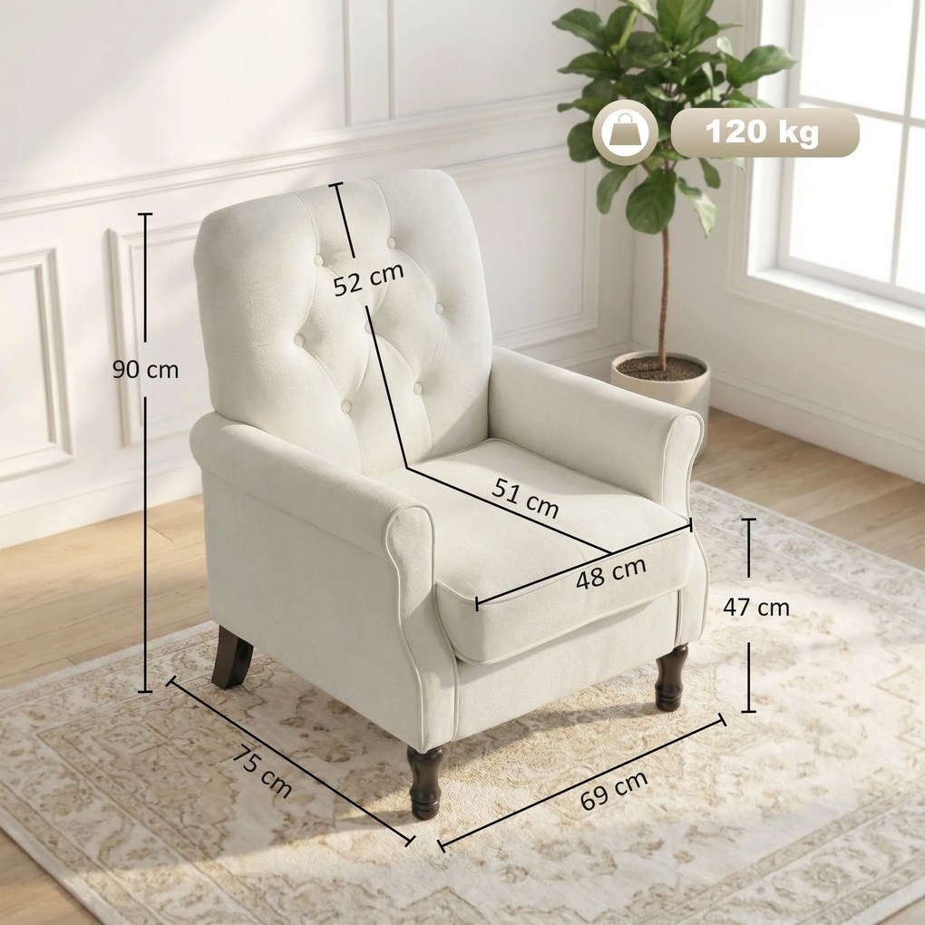 Sofá Individual Estofado em Linho Assento Acolchoado Espesso Encosto Capitonê Pés de Madeira Maciça Creme