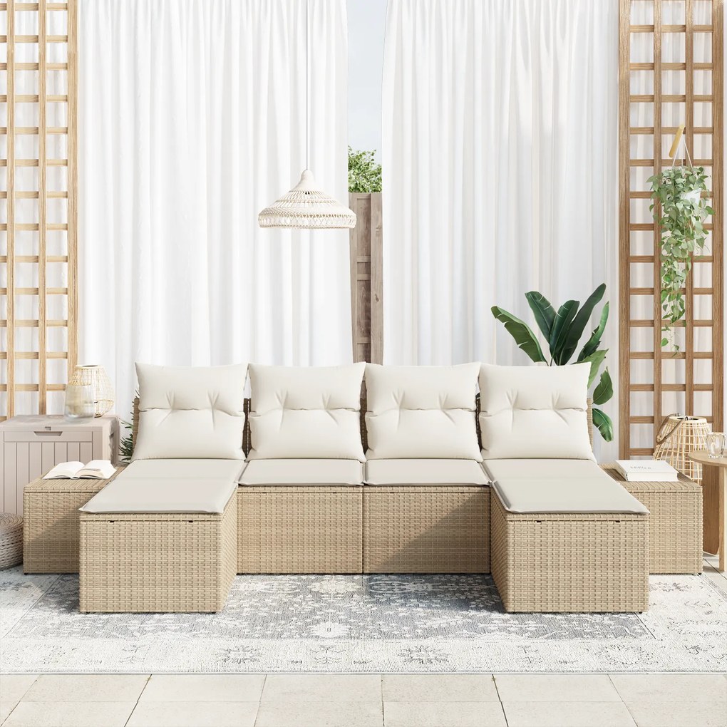 Conjunto de Sofás de Jardim de 6 Peças com Almofadas Bege Rattan Sinté