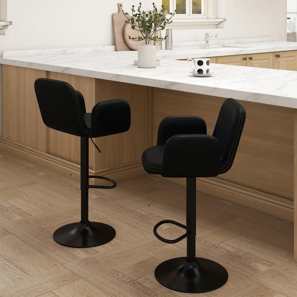 Conjunto de 2 bancos giratórios de bar com altura ajustável, assento acolchoado, apoios de braços e apoios para os pés para sala de jantar, cozinha ou