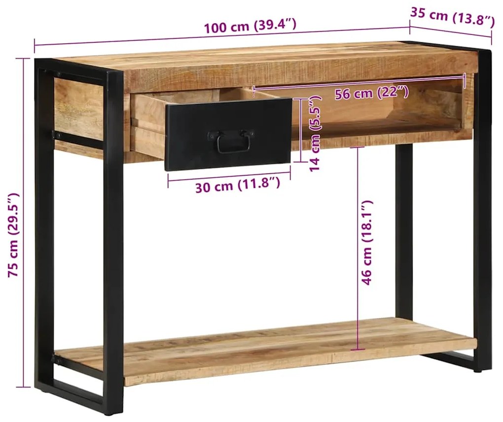 Mesa consola 100x35x75 cm manga de madeira áspera maciça