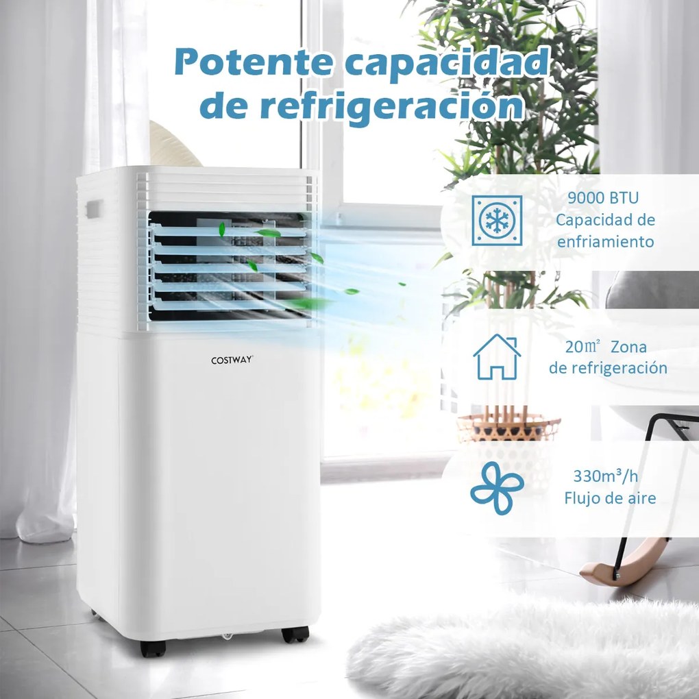 Ar Condicionado portátil 9000 BTU 4 em 1 com ventilador e desumidificador Rodas de controle remoto branco
