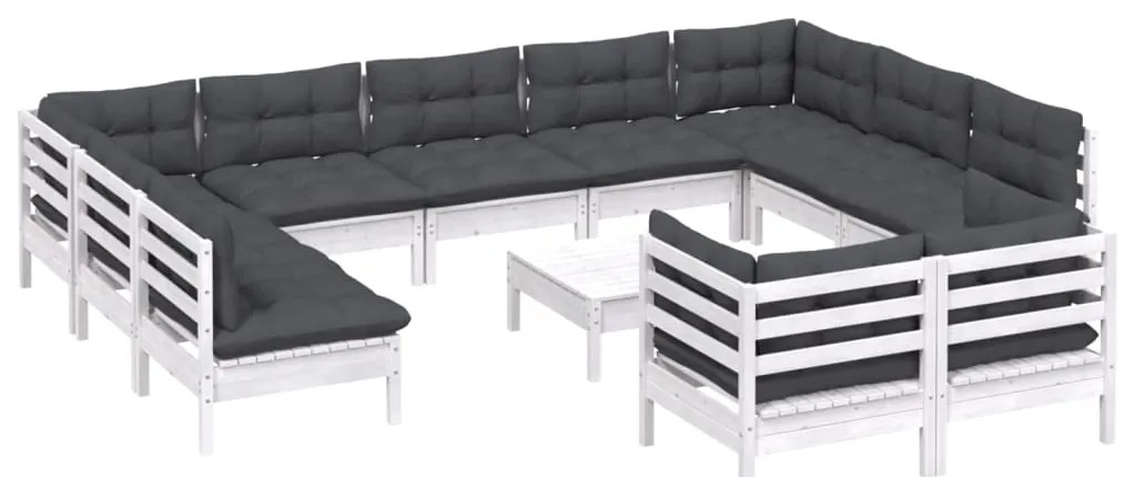 12 pcs conj. lounge de jardim c/ almofadões pinho maciço branco