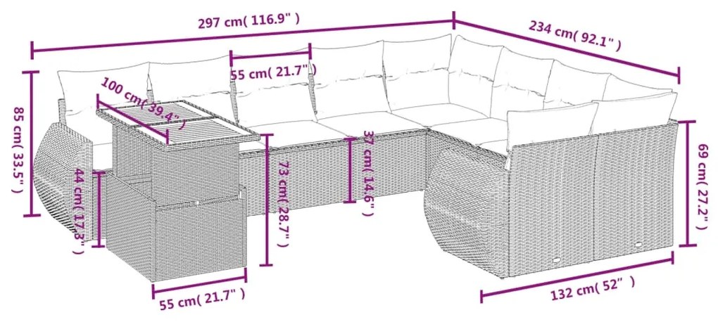 10 pcs conjunto sofás de jardim c/ almofadões vime PE preto