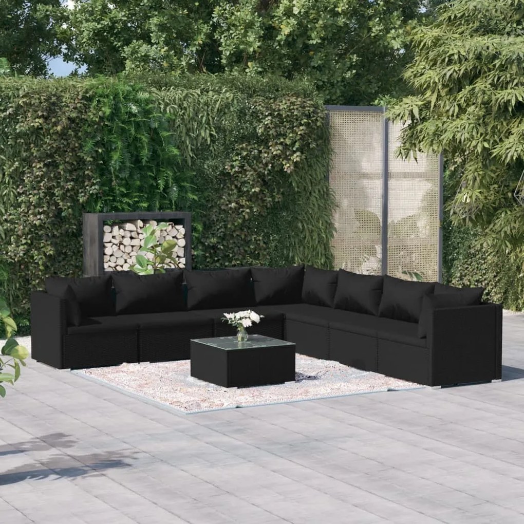 vidaXL 8 pcs conjunto lounge de jardim c/ almofadões vime PE preto
