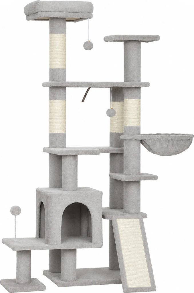 PawHut Árvore Arranhadora para Gatos 152 cm Multinível com Casinha, Rede, Cama, Escada Arranhadora, 4 Postes de Sisal e Bolas, Cinzento Claro | Aosom Portugal
