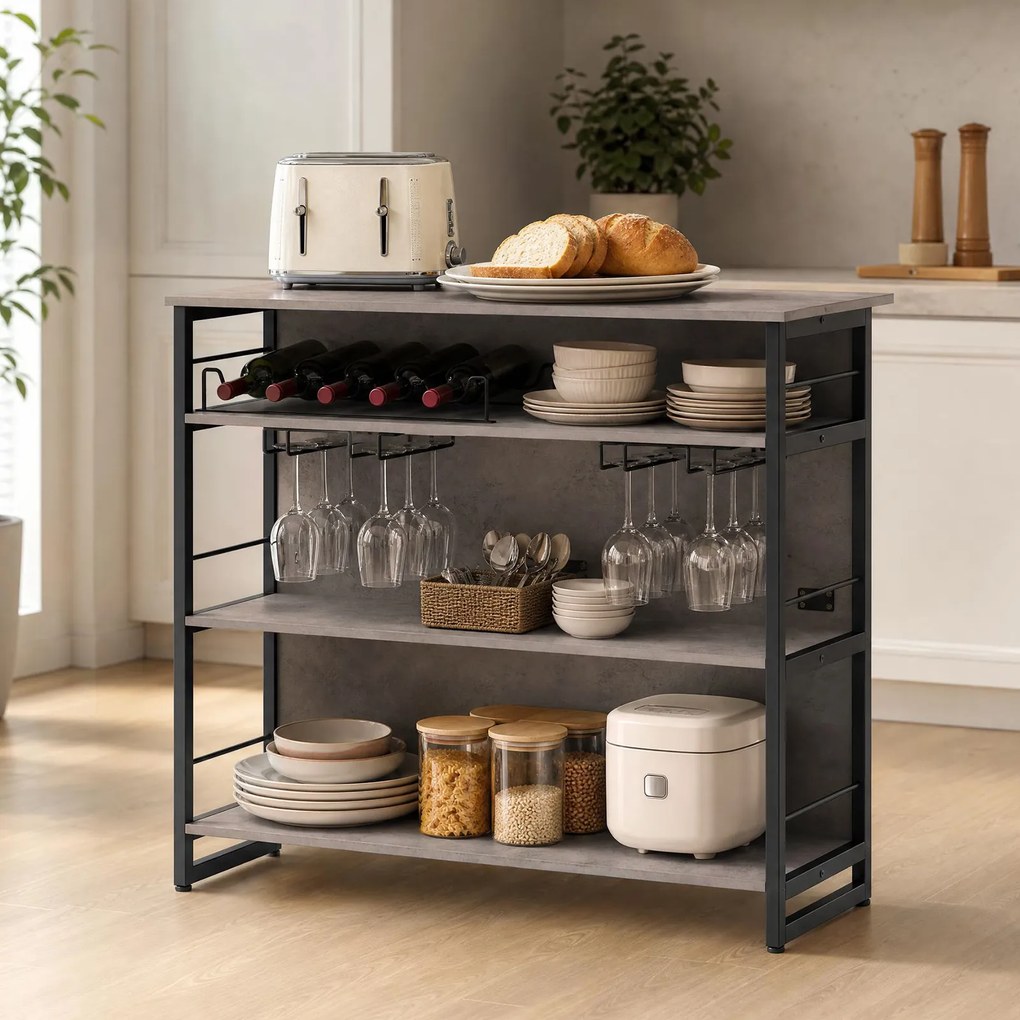 Mesa de Bar, 120 x 60 x 101 cm, Estantes Multinível, Preto e Cinzento