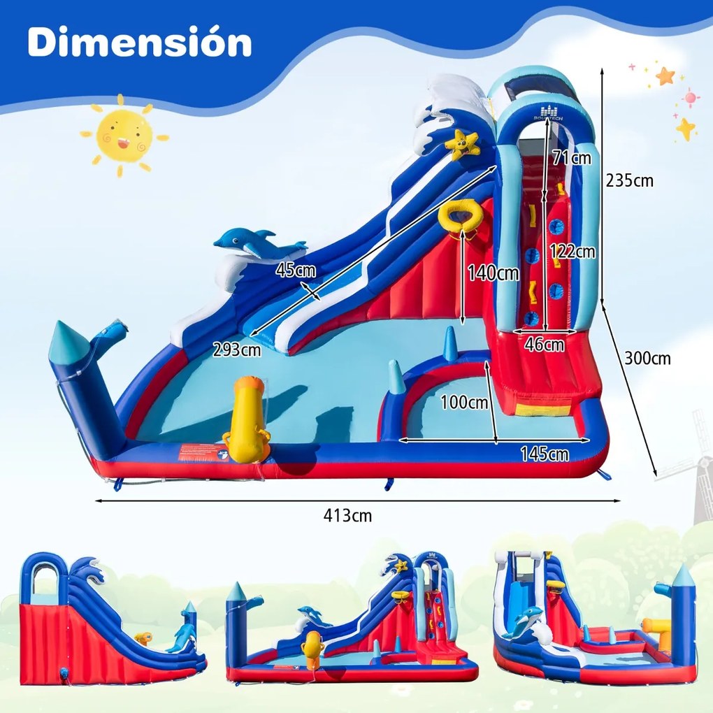 Castelo insuflável grande 6 em 1 sem soprador para crianças 3-10 anos Escorrega de água com parede de escalada Canhão de água 413 x 300 x 235 cm Multi