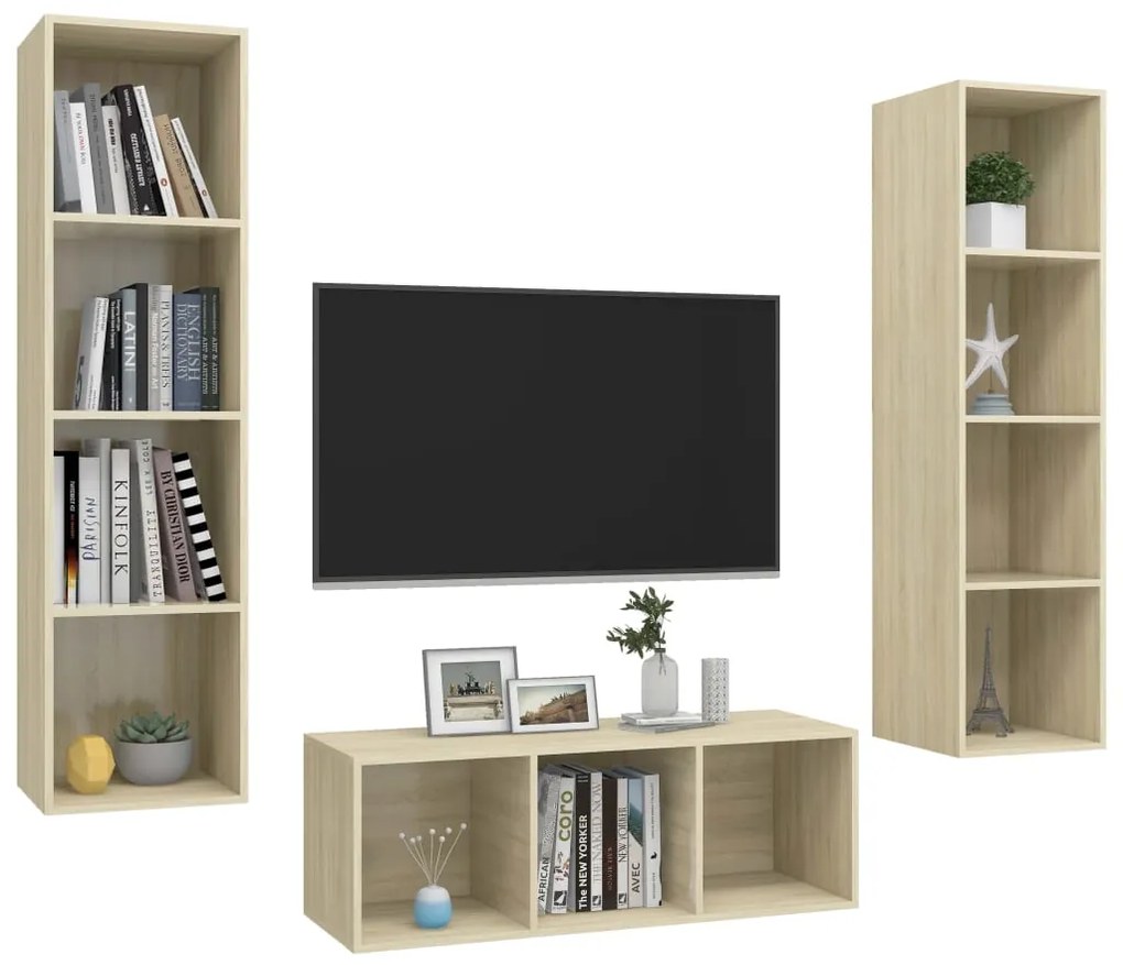 3 pcs conjunto móveis de TV derivados madeira carvalho sonoma