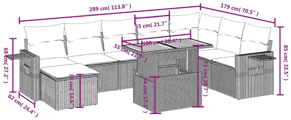 9 pcs conjunto de sofás p/ jardim com almofadões vime PE bege