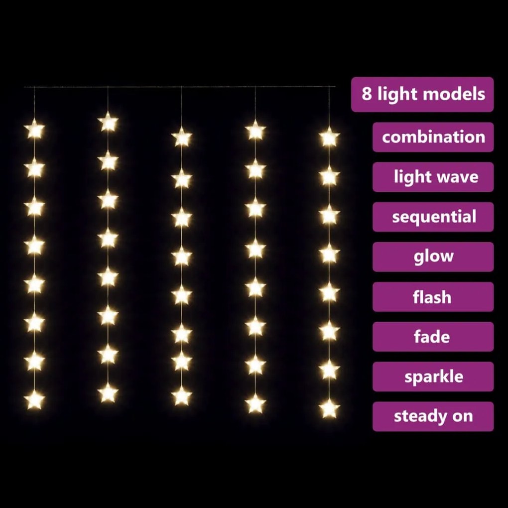 Cortina iluminação c/ estrelas 200 LEDs 8 funções branco quente