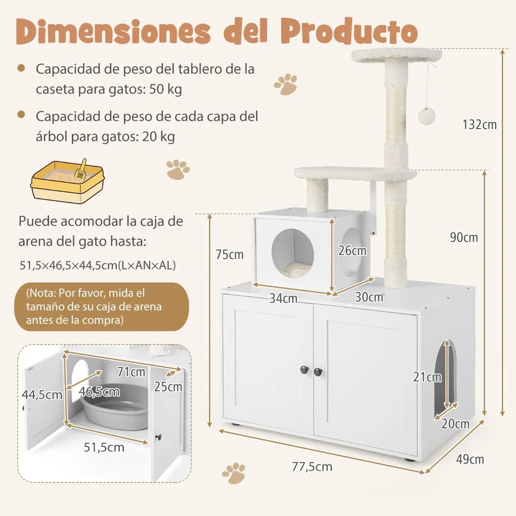 Casa para gatos com armarios para arrumação Caixa de areia e torre de arranhar Armário com esconderijo e divisória 77,5 x 49 x 132 cm Branco