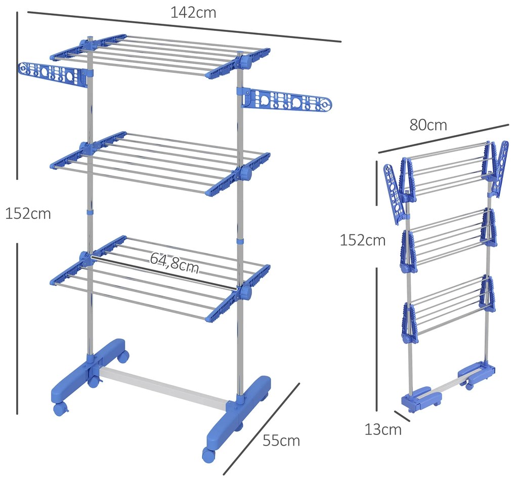 HOMCOM Estendal para Roupa Dobrável 80x55x152cm com 6 Rodas e 3 Pratel