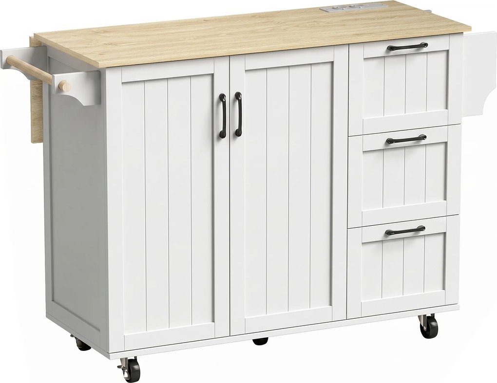 Ilha de Cozinha 134,5x75,2x90,5 cm com Tampo Extensível Estação de Carregamento Rodas 2 Portas 3 Gavetas Suporte para Especiarias e Barra para Toalhas