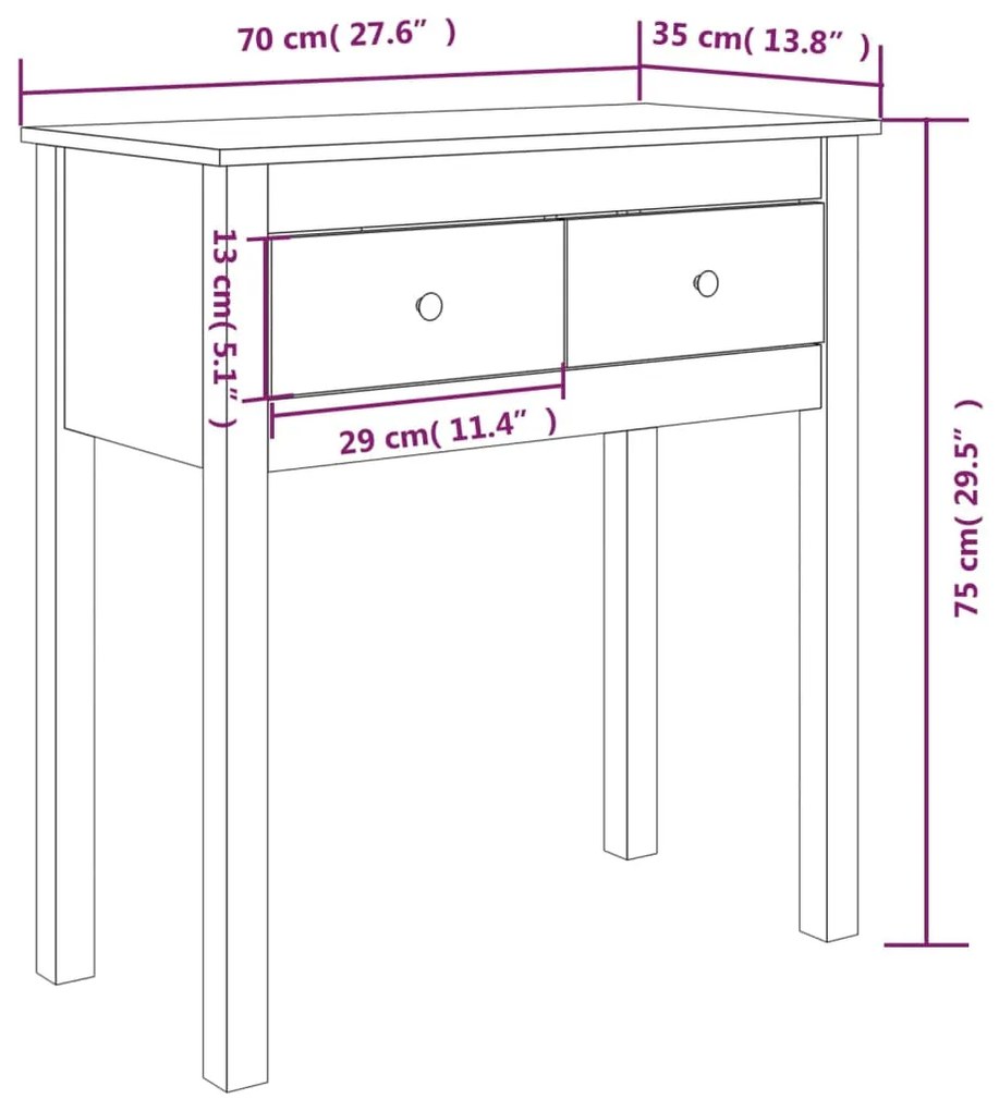 Mesa consola 70x35x75 cm pinho maciço branco