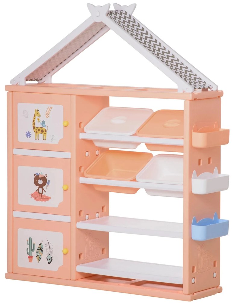 HOMCOM Estante Infantil de Brinquedos com Armário Prateleiras 4 Caixas e 3 Cestas Organizadoras de Armazenamento para Habitação de Crianças Sala de Jogos 128x34x155cm Laranja