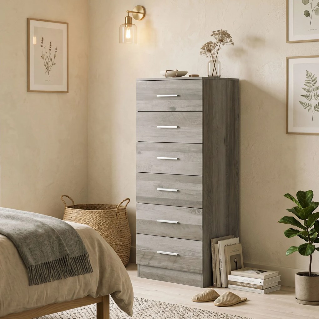 Cómoda Alta com 6 Gavetas para Quarto com Sistema Anti-Tombo 40x40x110 cm Cinzento-claro e Branco
