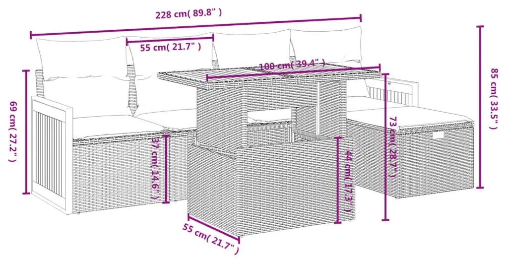 6 pcs conjunto sofás de jardim c/ almofadões vime PE preto