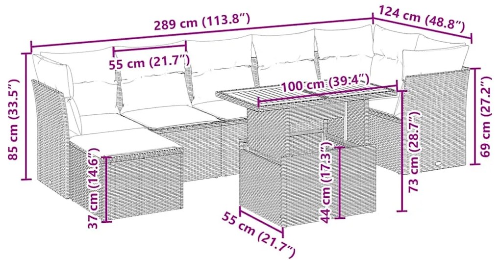 8 pcs conjunto de sofás p/ jardim com almofadões vime PE bege