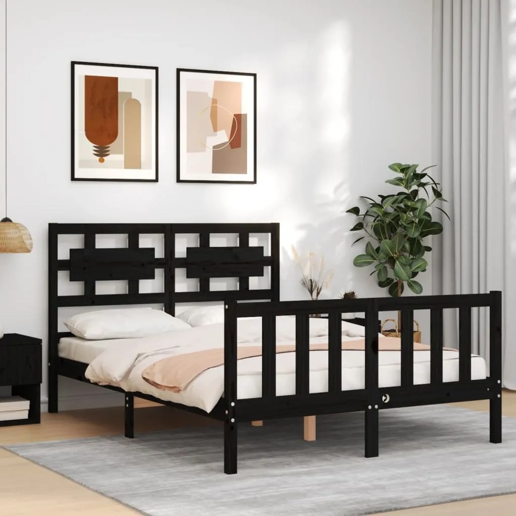 Estrutura de cama com cabeceira 140x190 cm madeira maciça preto