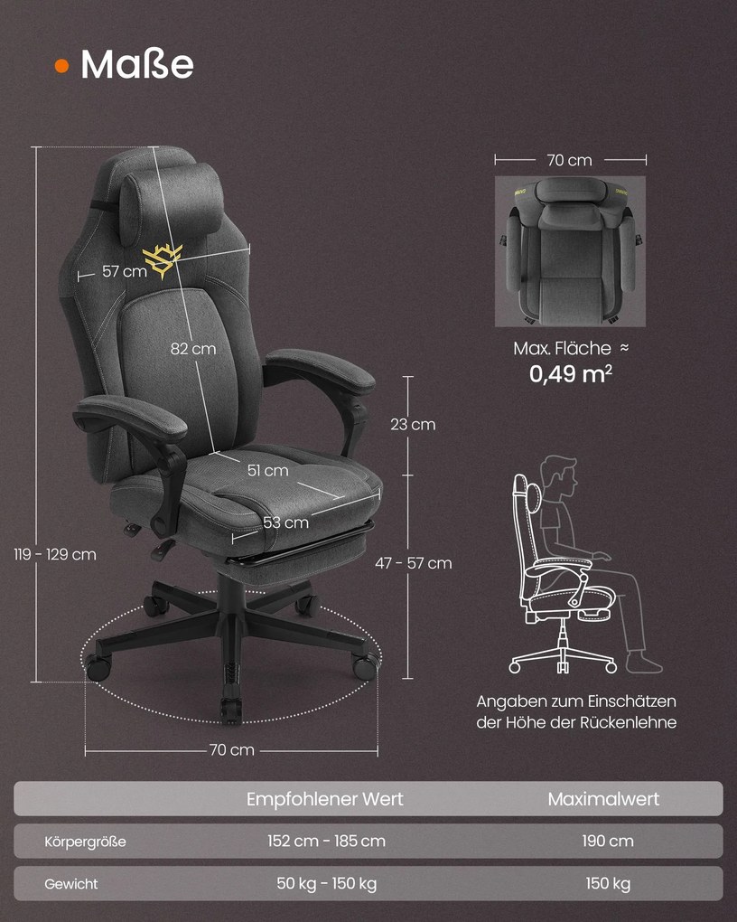 Cadeira Gaming regulável em altura com apoio para os pés e almofada de apoio para a cabeça Cinzenta