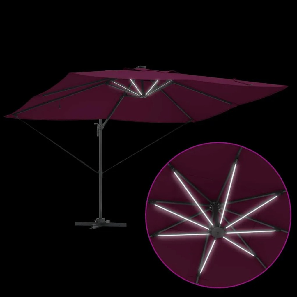 Parasol Cantilever Roma com LEDs Vermelho Bordeaux, 352 x 251 x 265 cm