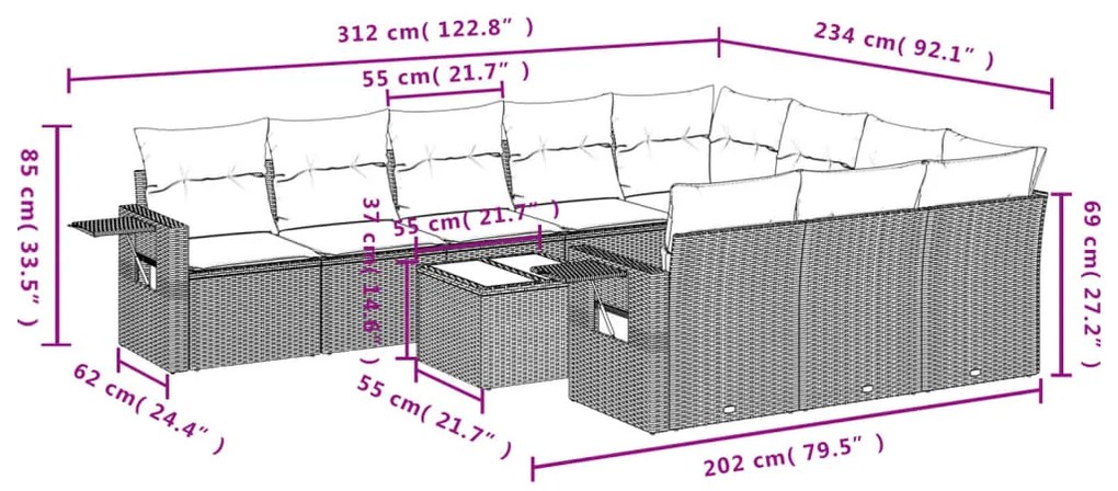 11 pcs conjunto sofás de jardim c/ almofadões vime PE cinzento