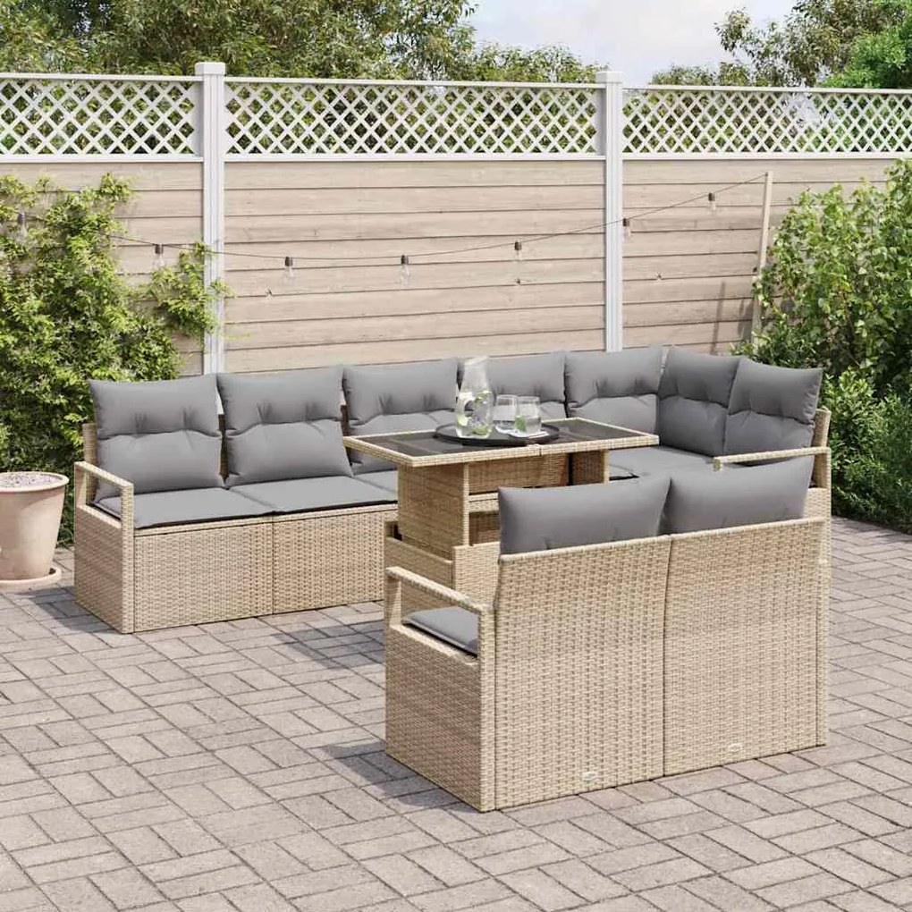 Conjunto de Sofás de Jardim vidaXL 9 Peças com Almofadas Bege Rattan P