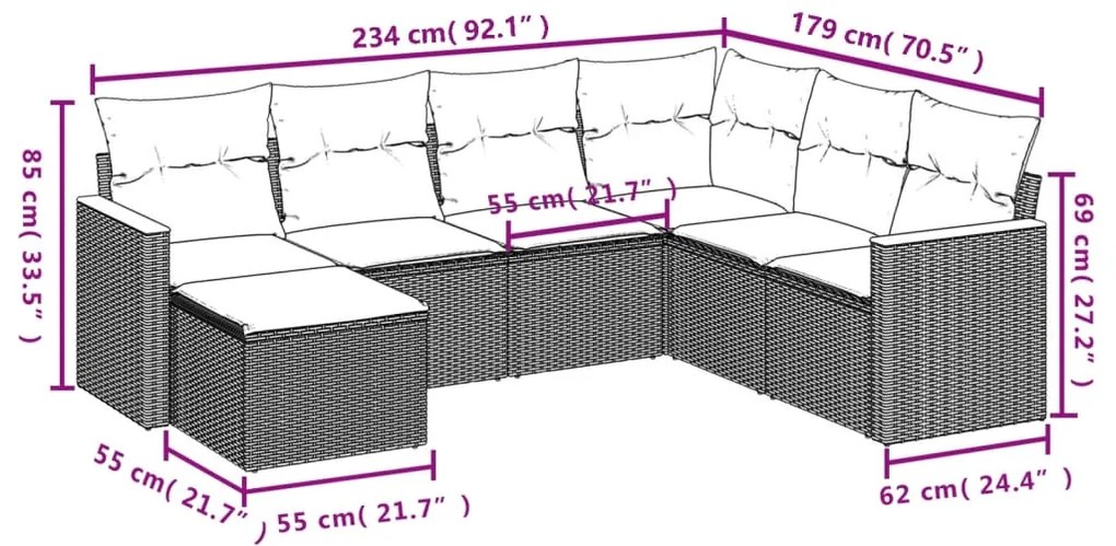 7 pcs conj. sofás jardim c/ almofadões vime PE bege misturado