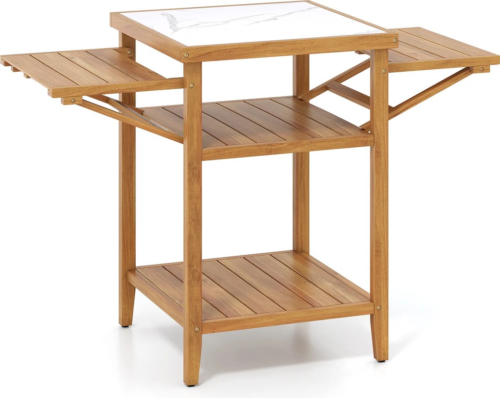 Mesa jardim de churrasco 124,5 x 60 x 89,5 cm em madeira de acácia com tabuleiros laterais dobráveis e estantes de arrumação para festas de churrasco