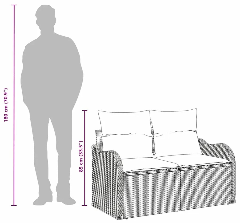 Sofá de Jardim para 2 Pessoas com Almofadas Preto Rotan Sintético