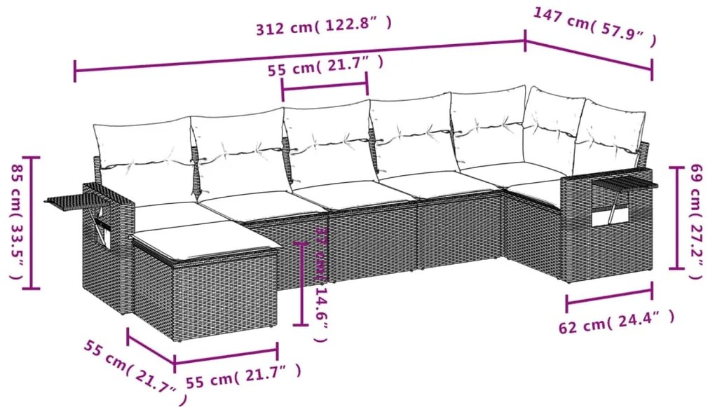 7 pcs conjunto de sofás p/ jardim com almofadões vime PE bege