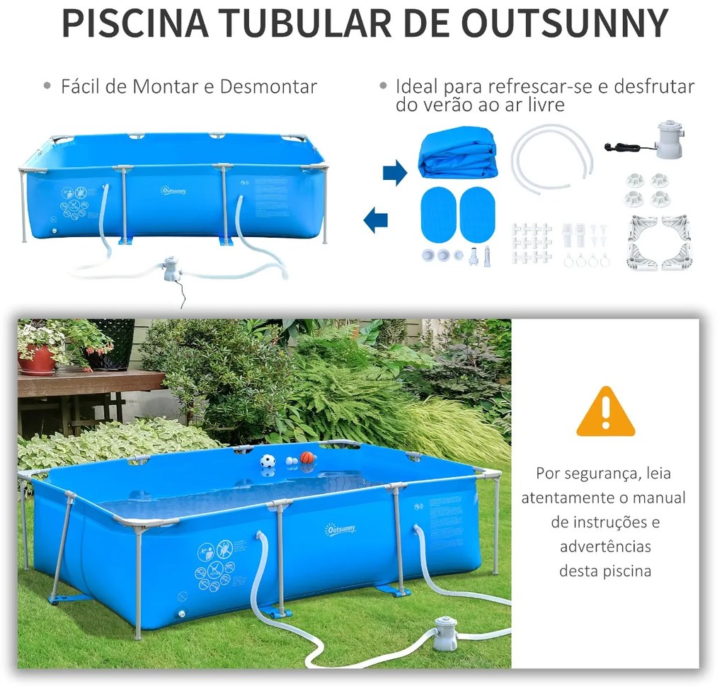 Outsunny Piscina Desmontável Tubular 291x190x75cm com Depuradora de Cartucho Piscina Retangular de Exterior para Adultos e Crianças 3600L Azul