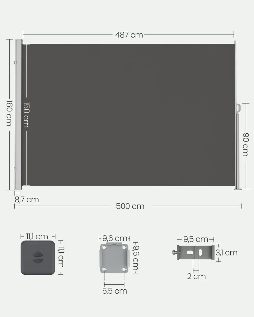 Toldo lateral 160 x 500 cm com caixa de aço antracite