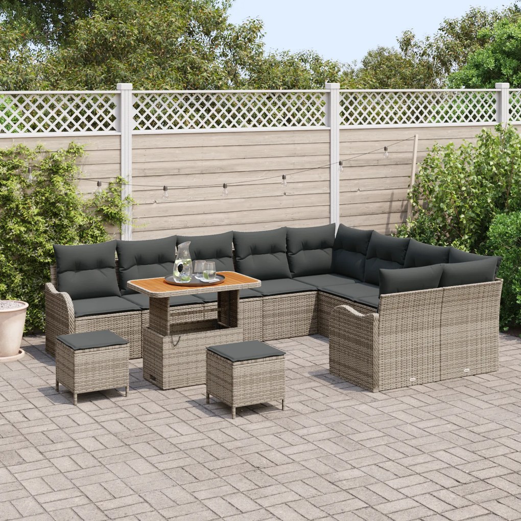 Conjunto de Sofá de Jardim com Almofadas Cinza Rattan Poliéster Acácia
