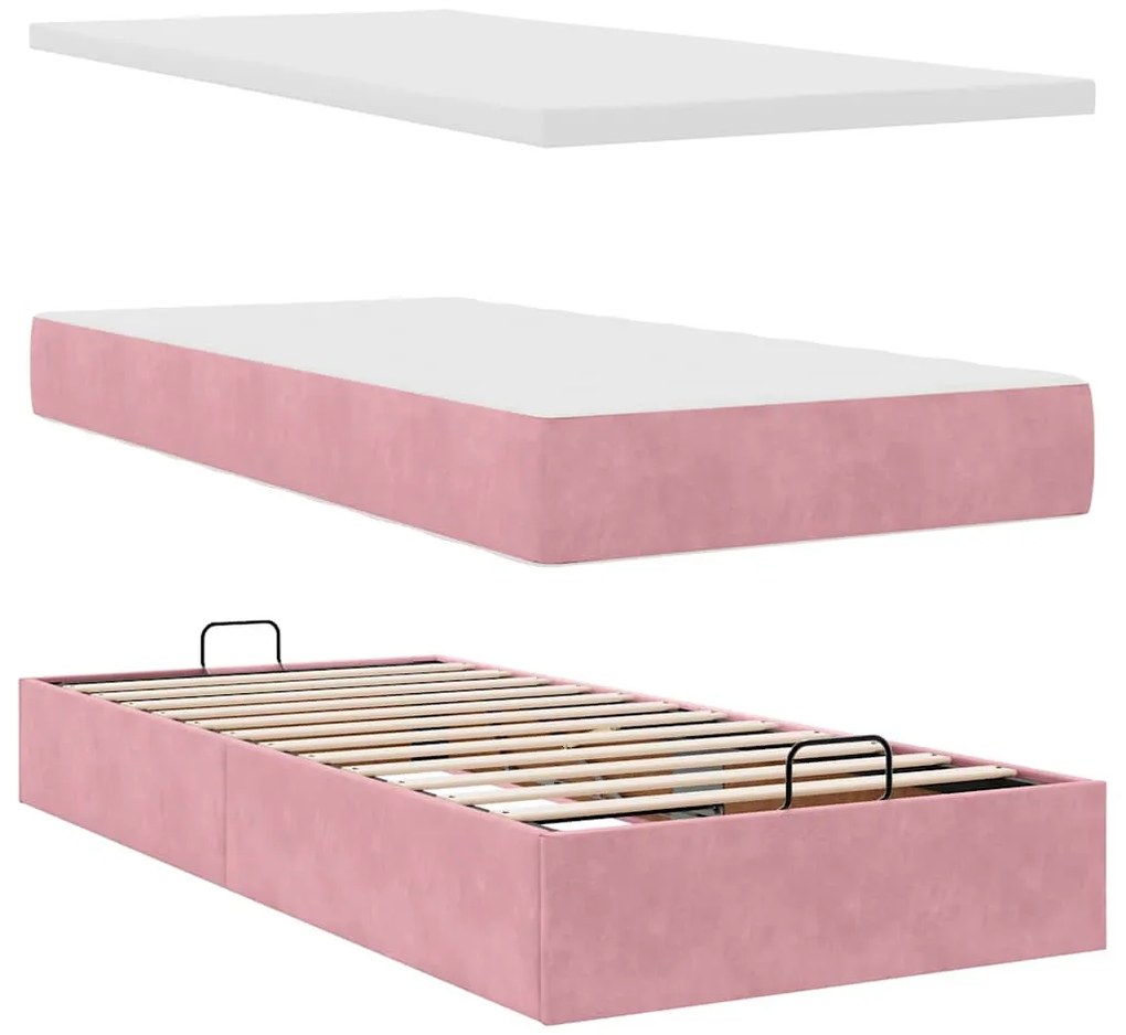 Estrutura de cama otomana com colchão rosa 90x200cm veludo