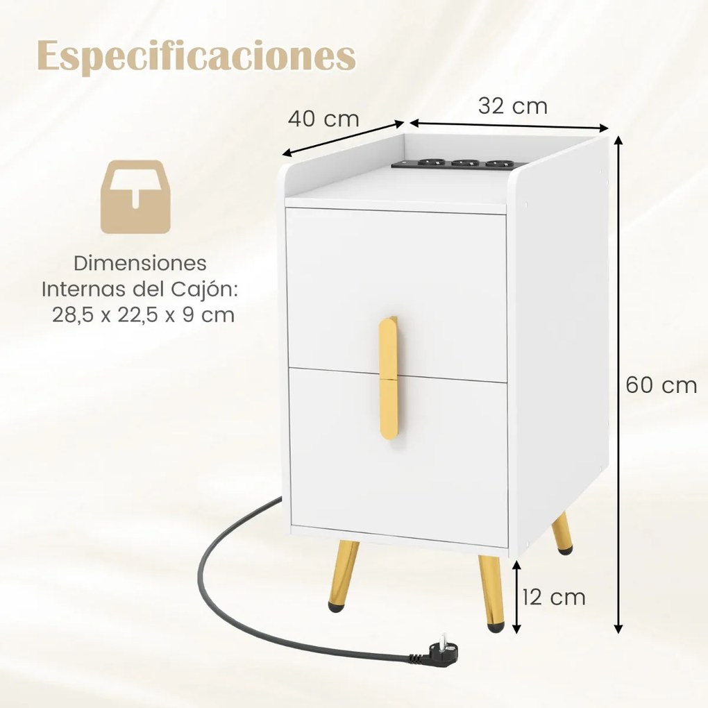Mesinha de cabeceira, Mesa apoio 40 x 32 x 60 cm com 2 gavetas com estação de carregamento, pés de metal Branca
