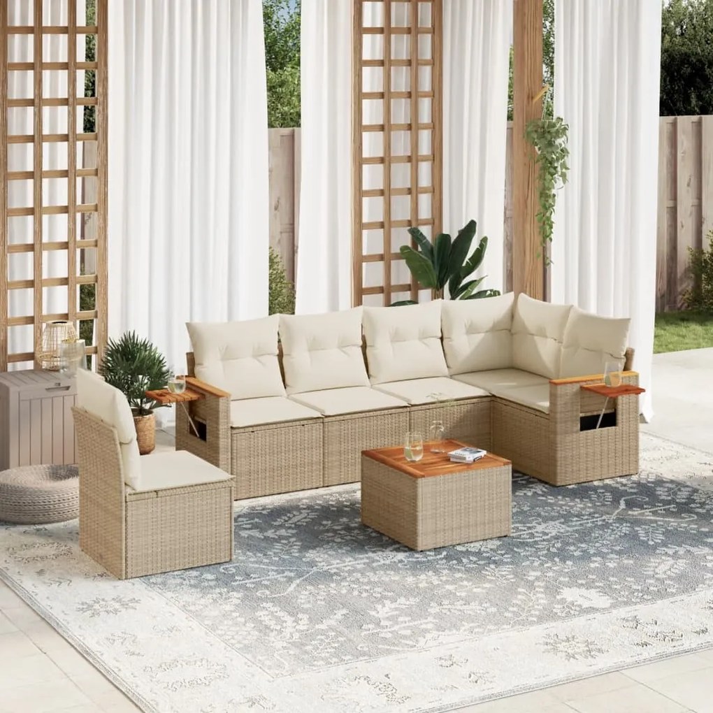 7 pcs conjunto de sofás p/ jardim com almofadões vime PE bege