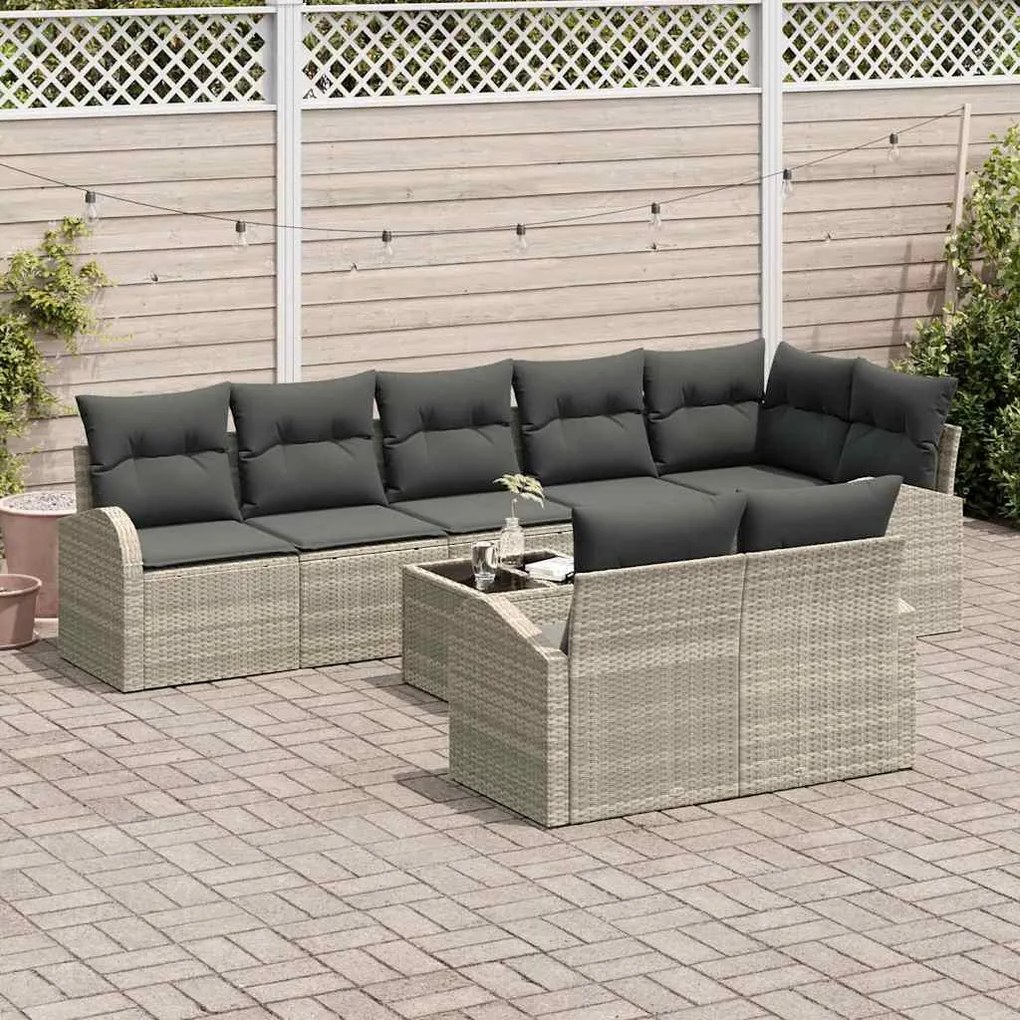 Sofá de Jardim de 9 Peças com Almofadas Cinzas em Rattan Poliéster