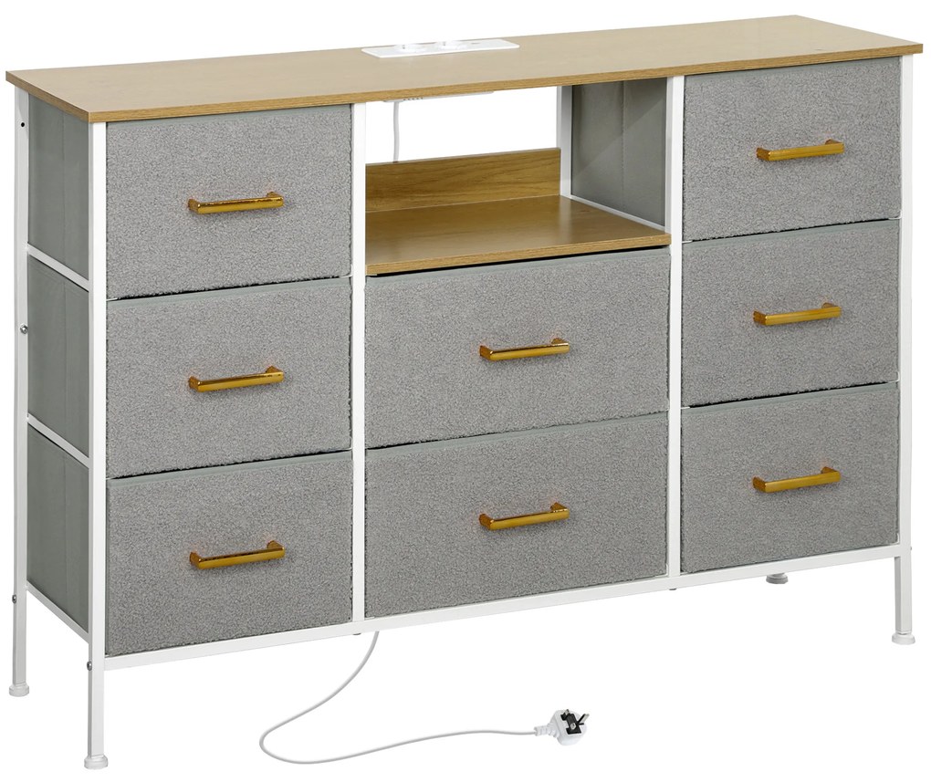HOMCOM Cómoda com 8 Gavetas Estofada em Borreguito com Estação de Carga Porta USB Tipo-C e Estrutura de Aço 110x30x76 cm Cinzento