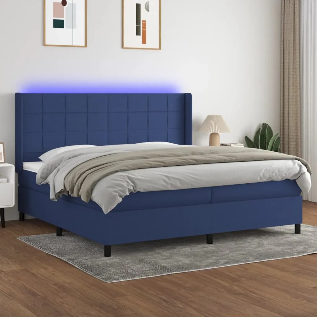 Cama box spring c/ colchão e LED 200x200 cm tecido azul