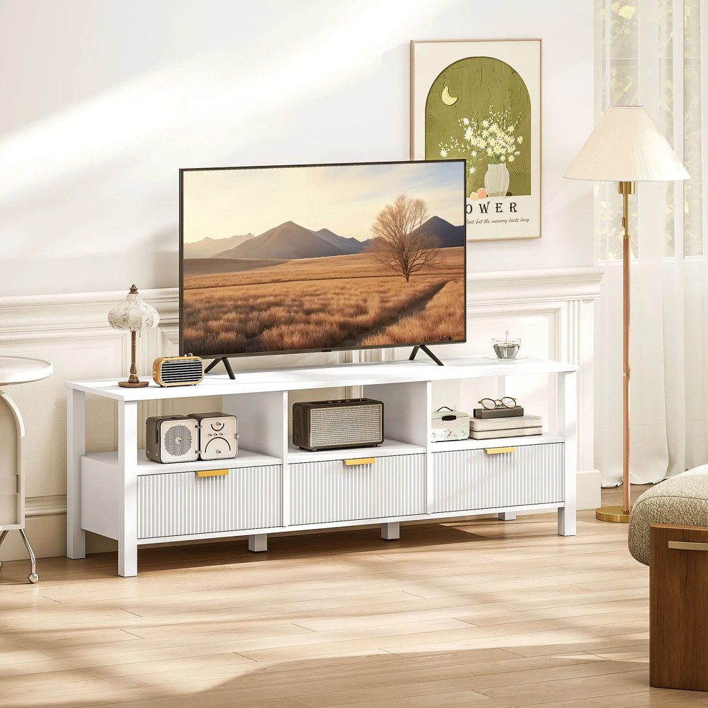 Móvel para TV de 152 cm, móvel para televisor de 65 polegadas com 3 gavetas e 3 prateleiras abertas, 152 x 39,5 x 50 cm, branco