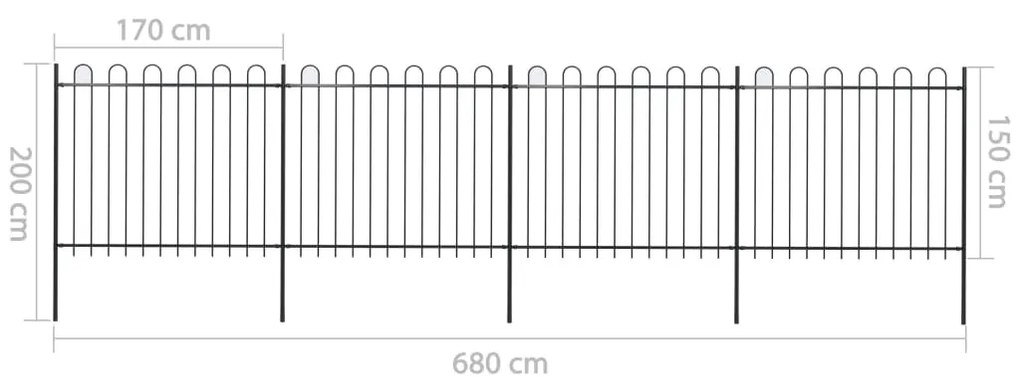 Cerca de jardim com topo em aros 6,8x1,5 m aço preto