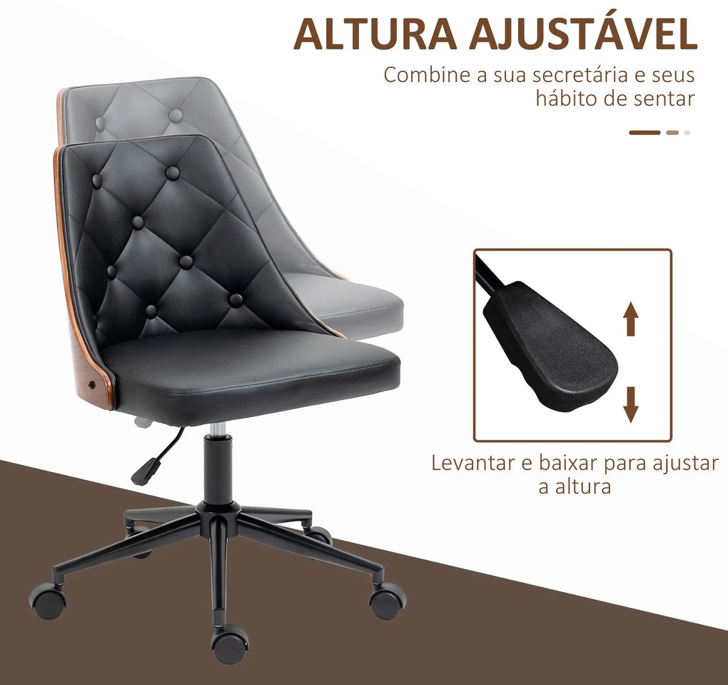 Cadeira de Escritório Giratória Cadeira de Escritório Ergonómica Estofada em Couro PU com Altura Ajustável Função de Inclinação para Sala de Estar Estúdio Dormitório 54x54,5x76-86cm Preto e Nogueira