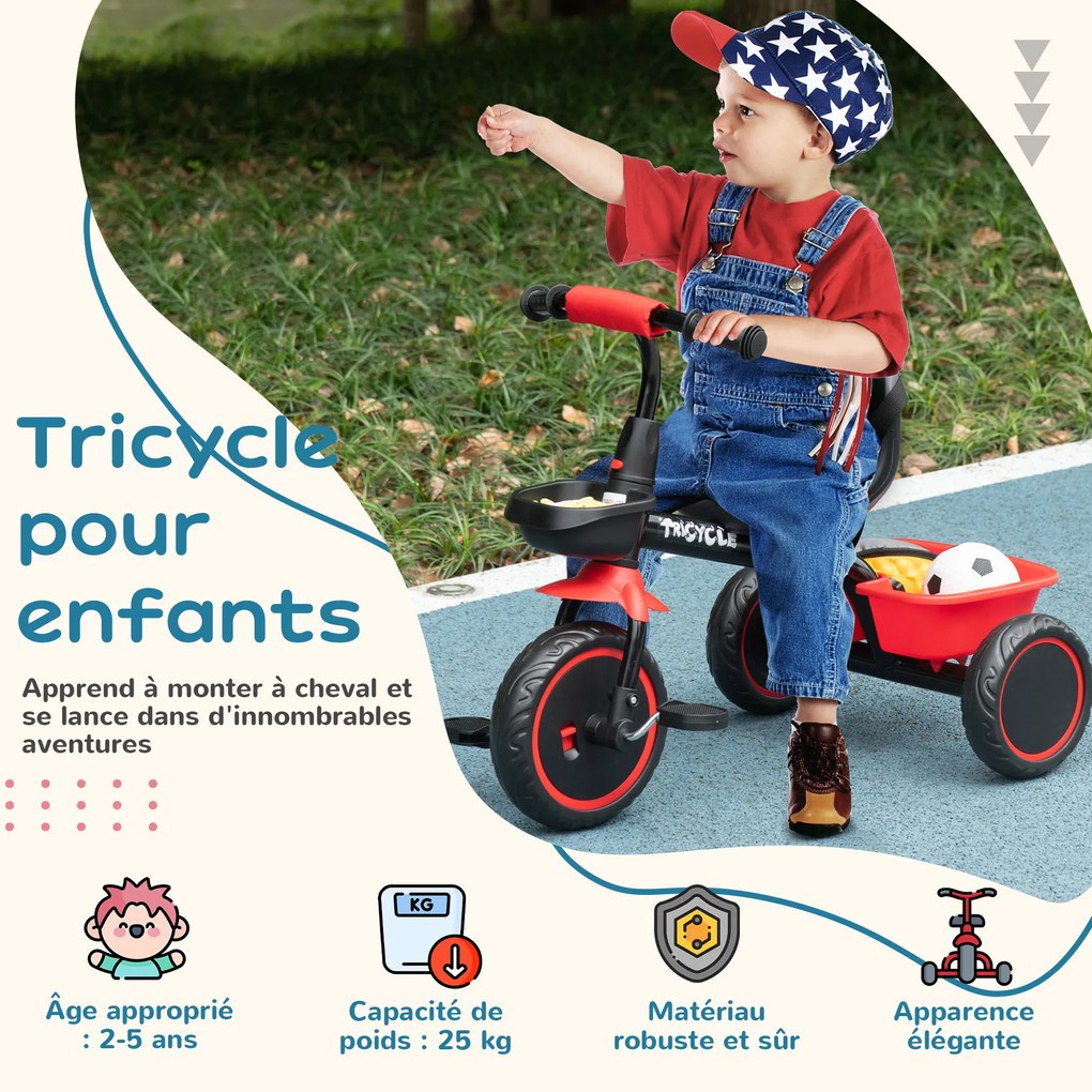 Triciclo evolutivo para crianças com assento ajustável, pedais, 2 cestos e cinto de segurança, para crianças dos 2 aos 5 anos, vermelho e preto