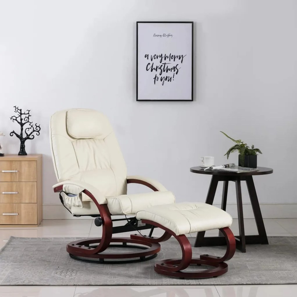 vidaXL Cadeira massagens + apoio pés couro artificial branco nata