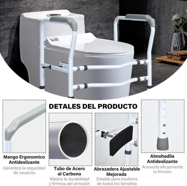 Suporte para sanita para idosos com suporte de elevação Estrutura de segurança ajustável com braçadeira giratória 360° e apoio para braços antiderrapa