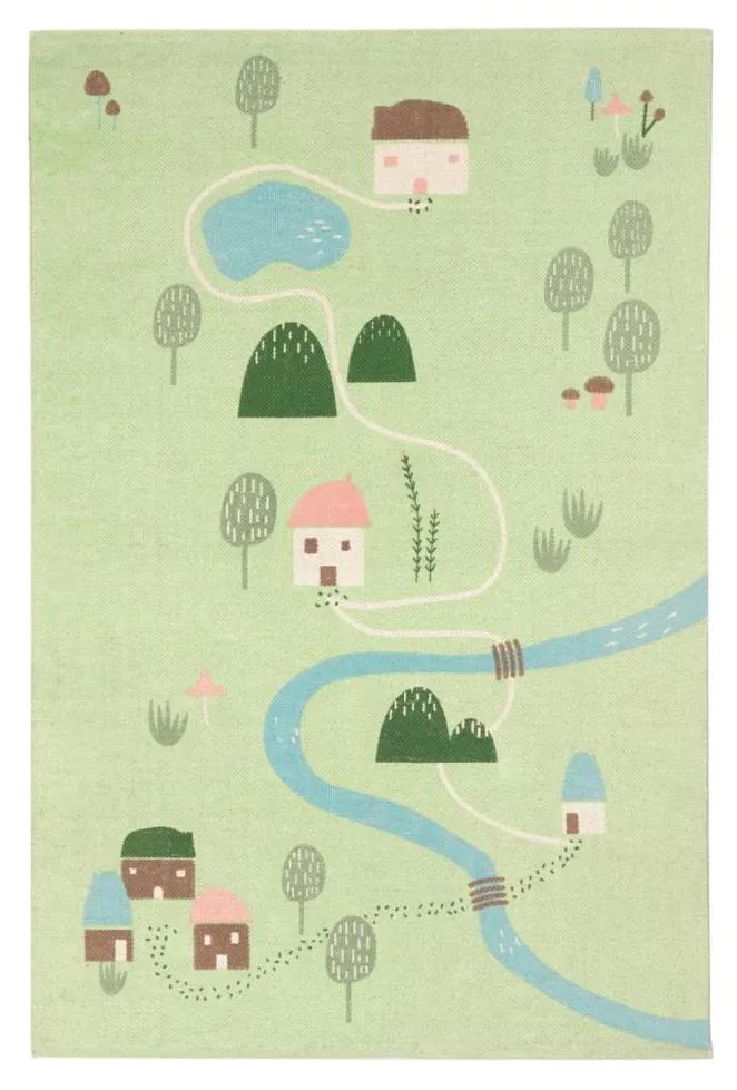Kave Home - Tapete Llaru 100% algodão verde casas e árvores multicolor 90 x 130 cm