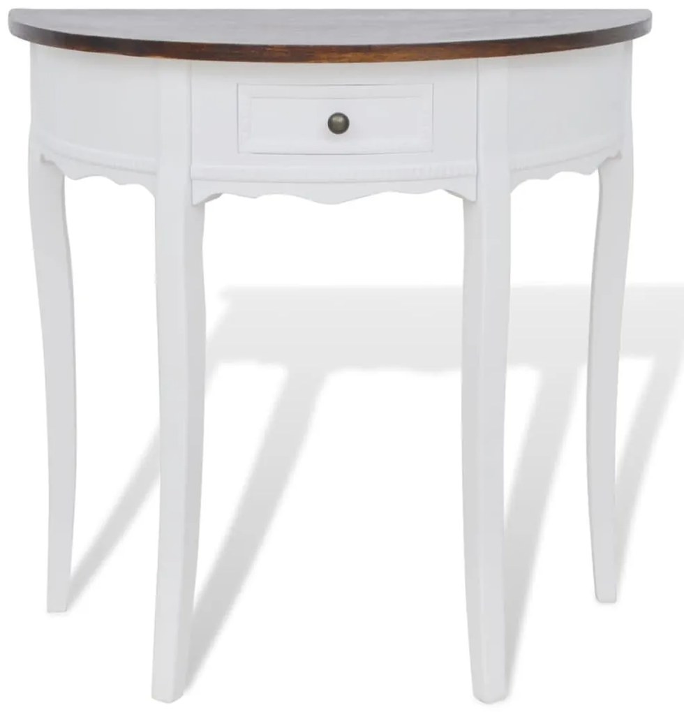 Mesa consola meia-lua com gaveta e tampo castanho